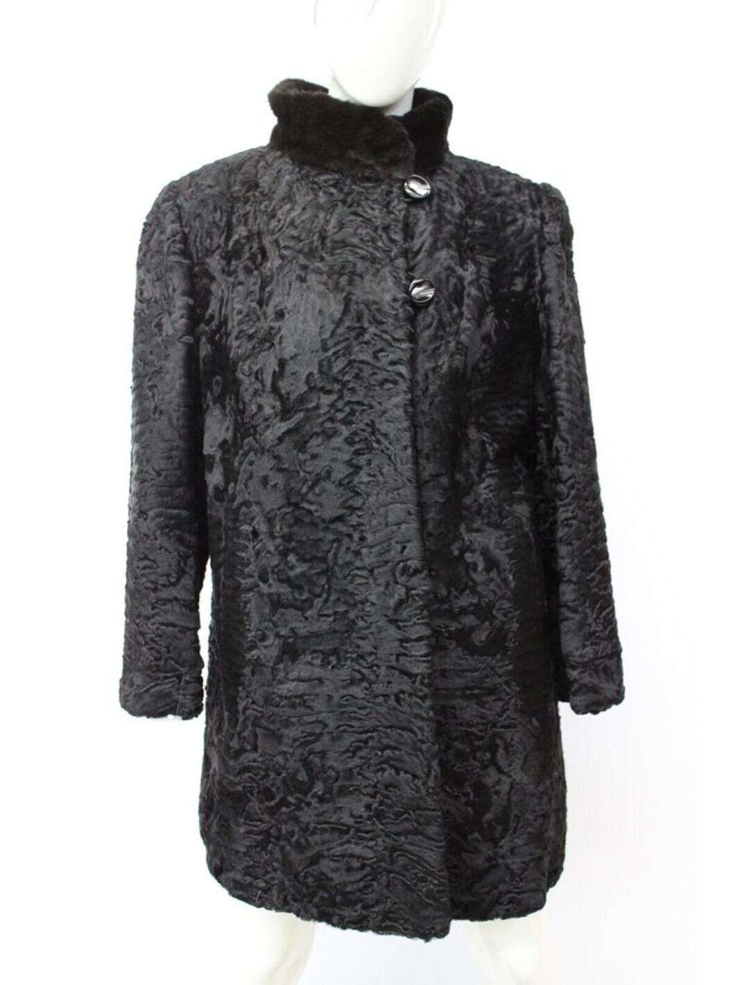Excellent Black Swakara Lamb & Mink Fur Coat Jacket Women Woman Size 8 Medium